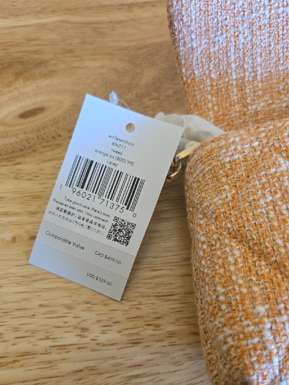 Kate Spade Carey Quilted Peach Tweed Wallet On Chain